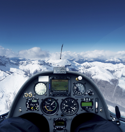 View of the Alps from a glider's cockpit